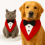 PawsIndia Red & White Tuxedo Bandana With Black Bow For Pets
