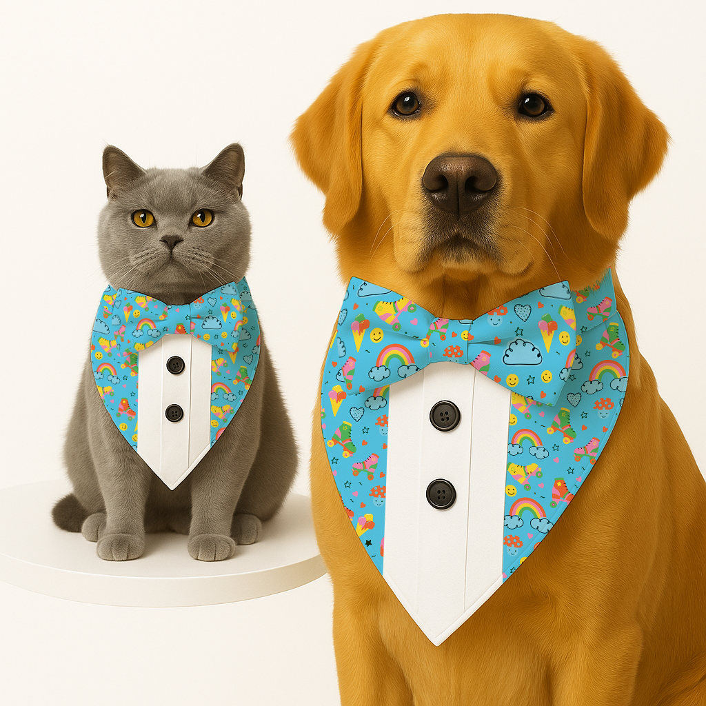 PawsIndia Rainbow Vibes Pattern Tuxedo Bandana With Matching Bow For Pets