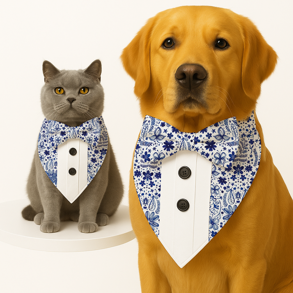 PawsIndia Santorini Pattern Tuxedo Bandana With Matching Bow For Pets
