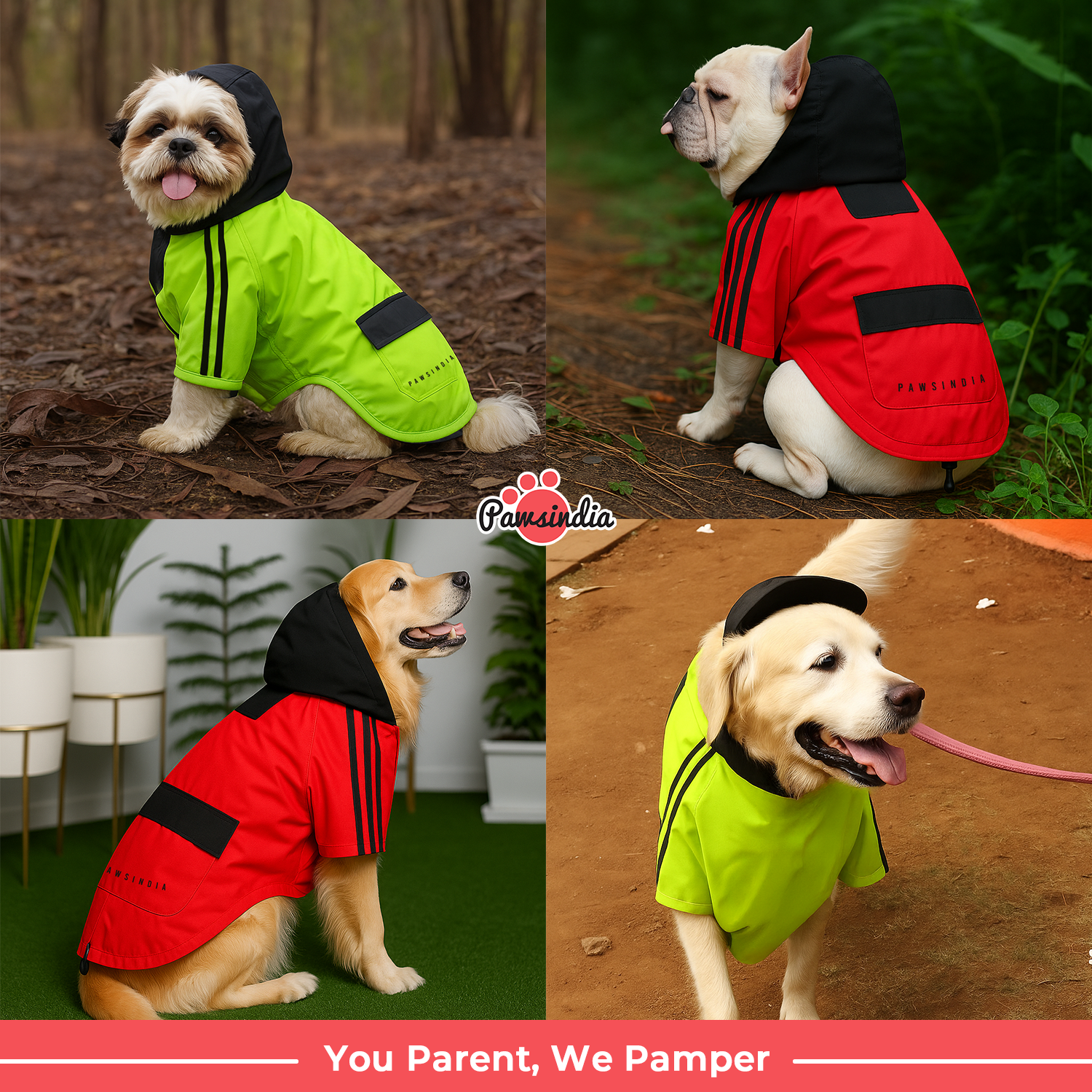 Pawsindia Dog Hooded Raincoat - Neon Green & Black