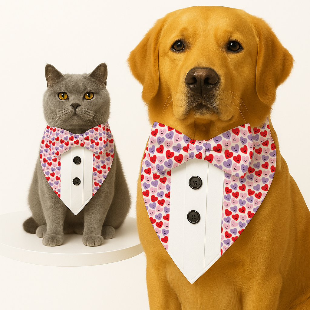PawsIndia Happy Hearts Pattern Tuxedo Bandana with Matching Bow For Pets