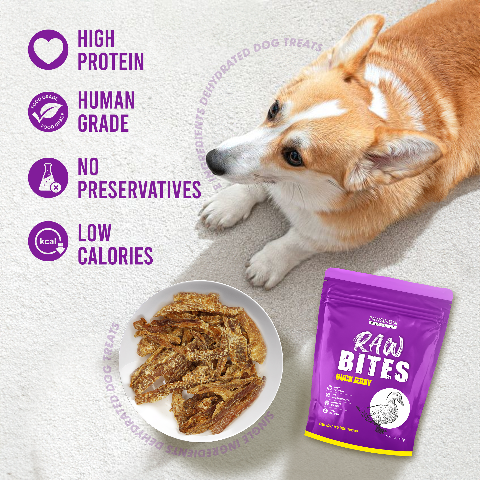 Raw Bites Organic Dehydrated - Duck Jerky Premium Dog Treats