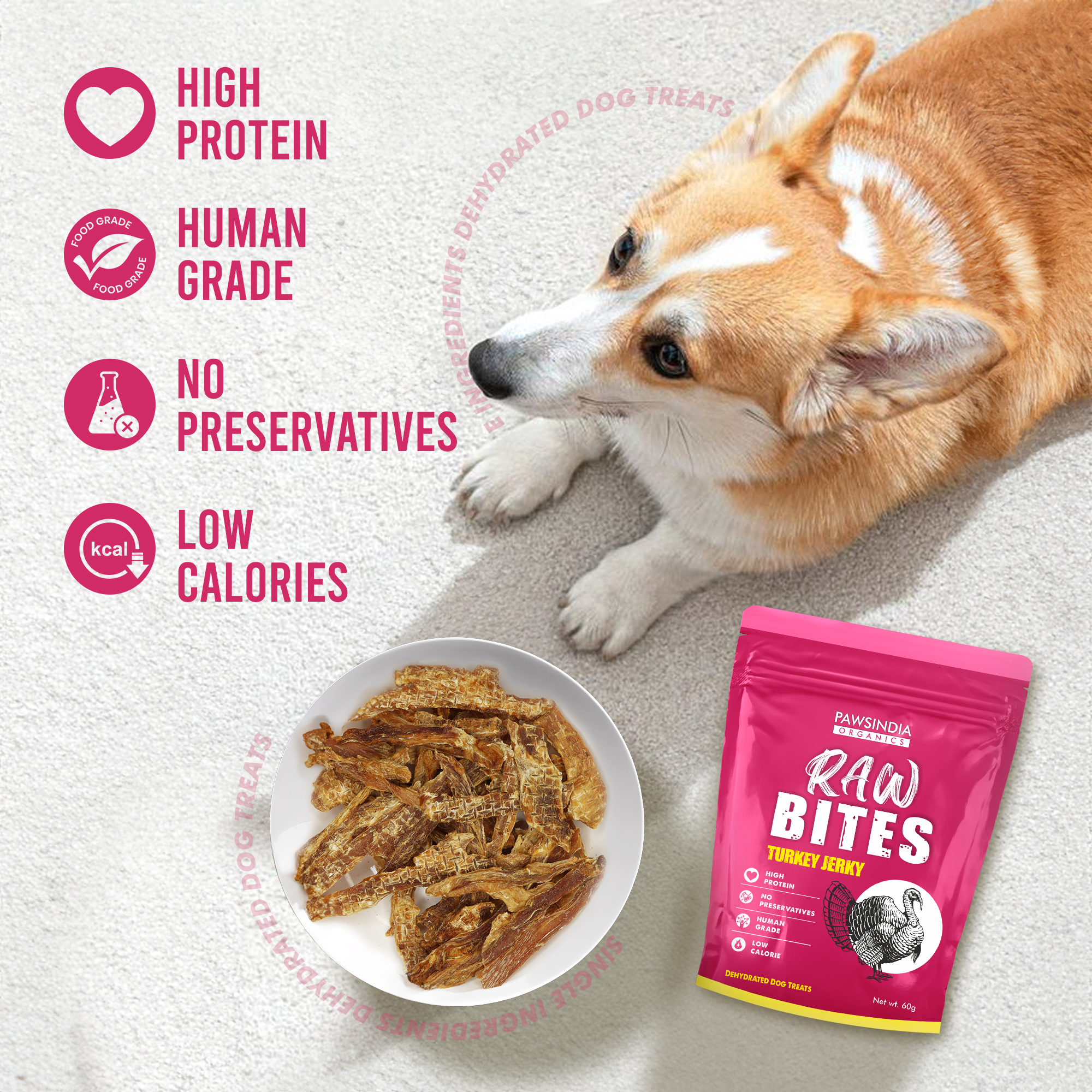 Raw Bites Organic Dehydrated - Turkey Jerky  Premium Dog Treats