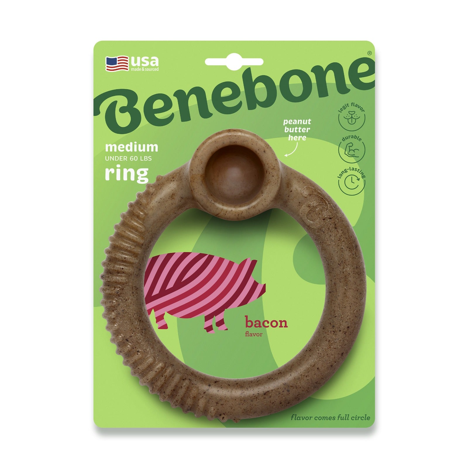 Benebone Ring Bone Durable Dog Chew Toy for Aggressive Chewers, Real Bacon