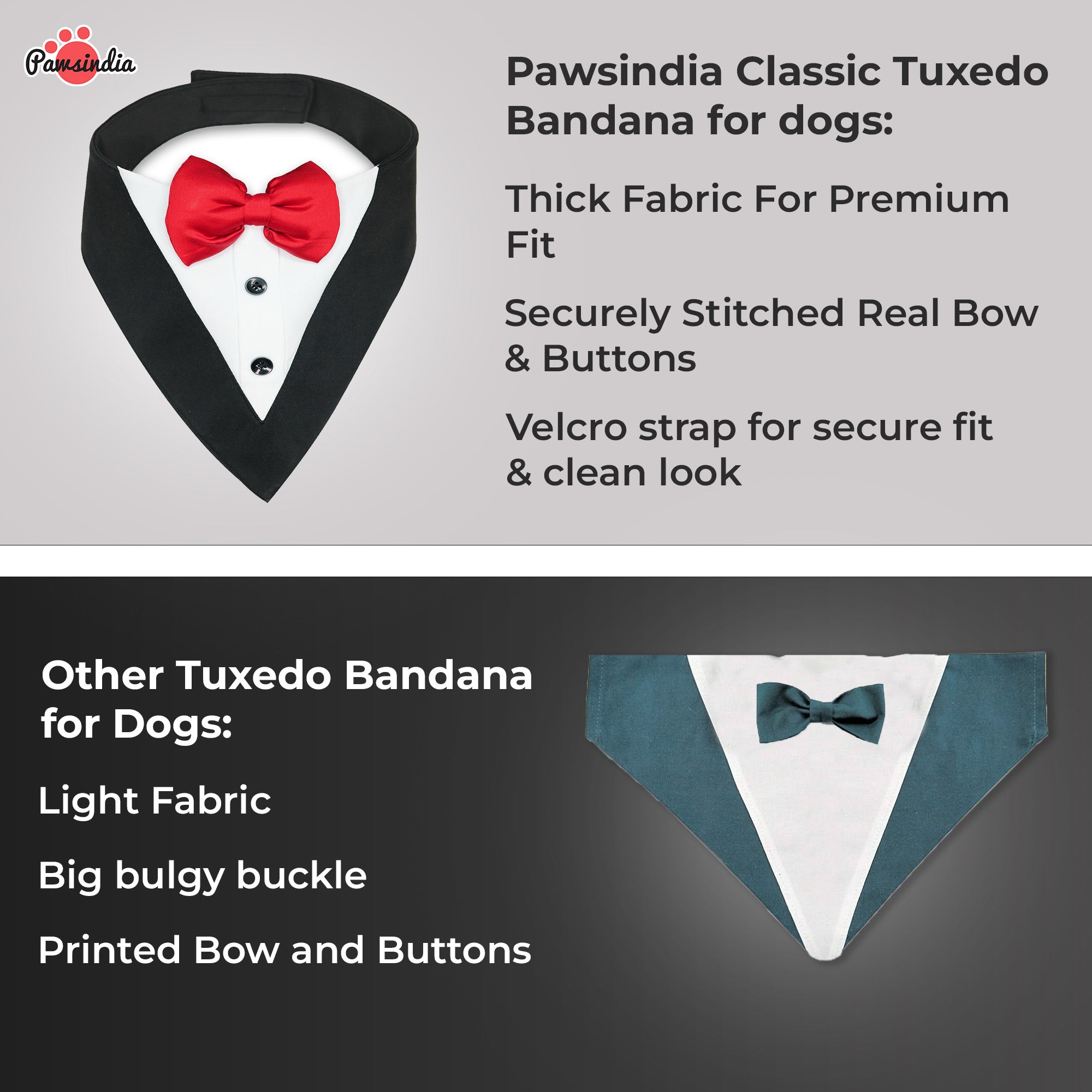 PawsIndia Black & White Tuxedo Bandana With Red Bow For Pets