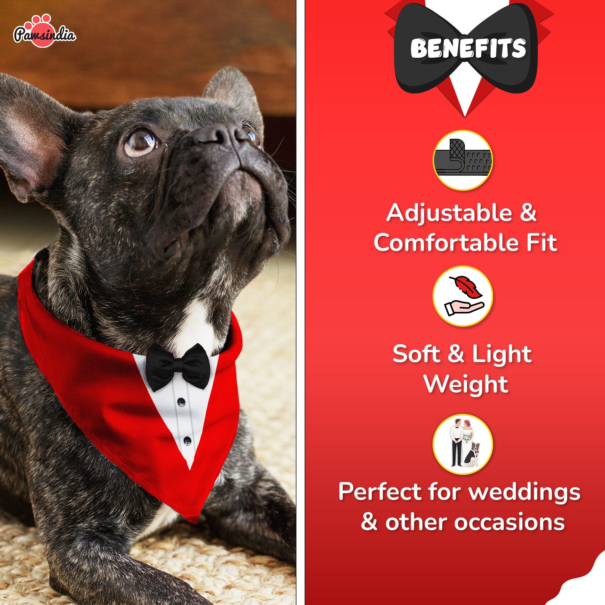PawsIndia Red & White Tuxedo Bandana With Black Bow For Pets