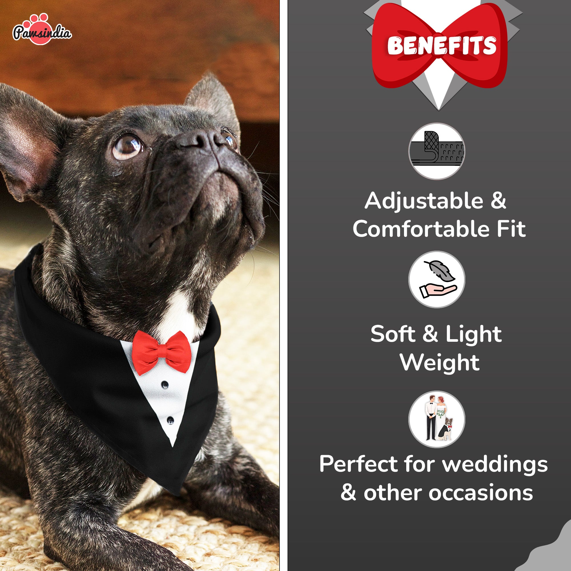 PawsIndia Black & White Tuxedo Bandana With Red Bow For Pets