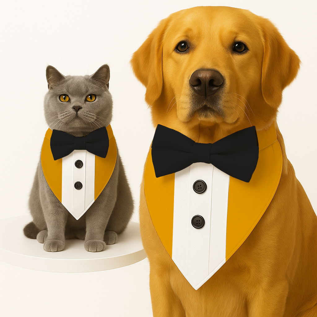 PawsIndia Mustard Tuxedo Bandana With Black Bow For Pets