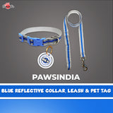 Pawsindia Blue Reflective Collar, Leash and Customized Name Tag Combo