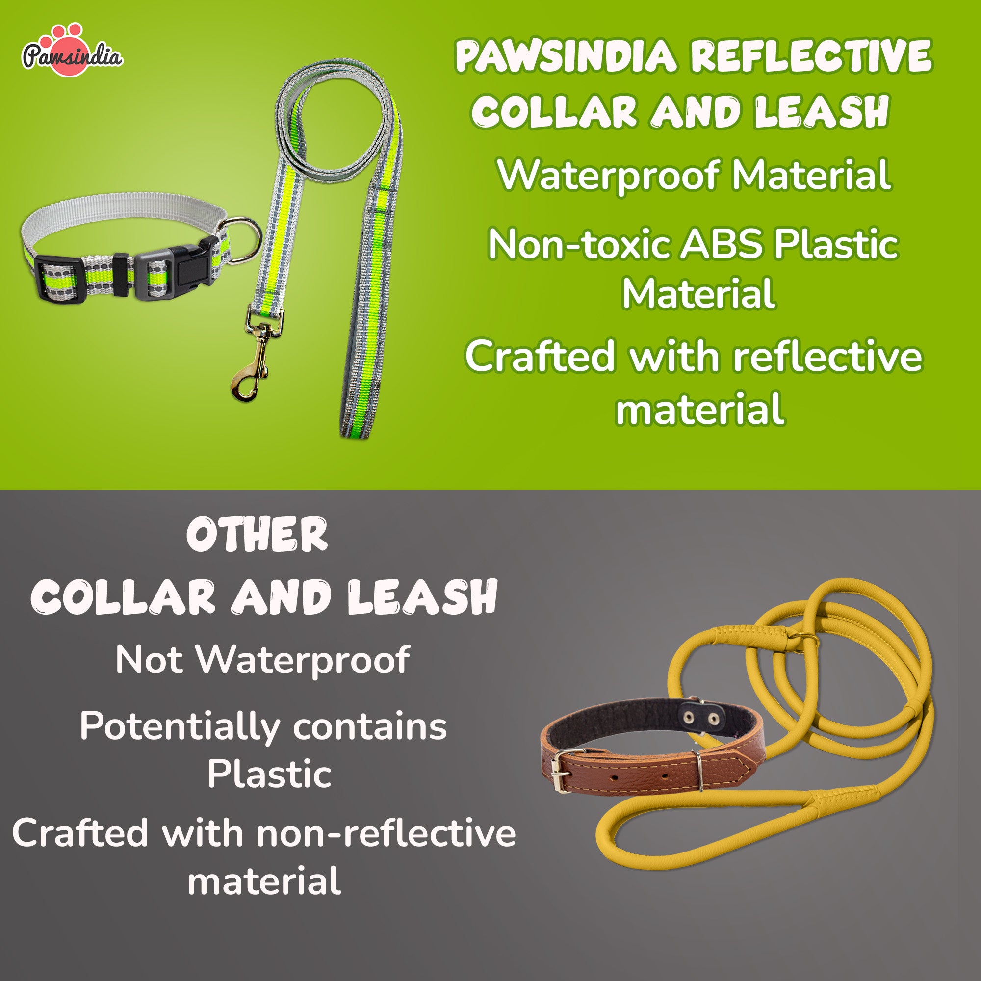 Pawsindia Reflective Nylon Collar & Leash set for Small Dogs - Green