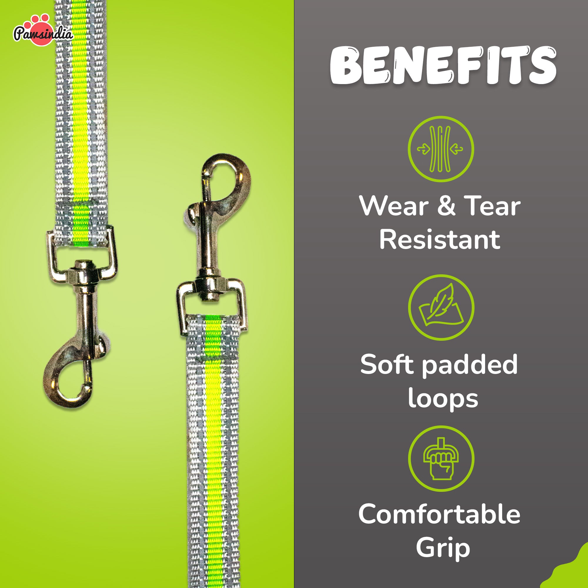 Pawsindia Reflective Nylon Leash for Dogs with a Padded Handle - Green
