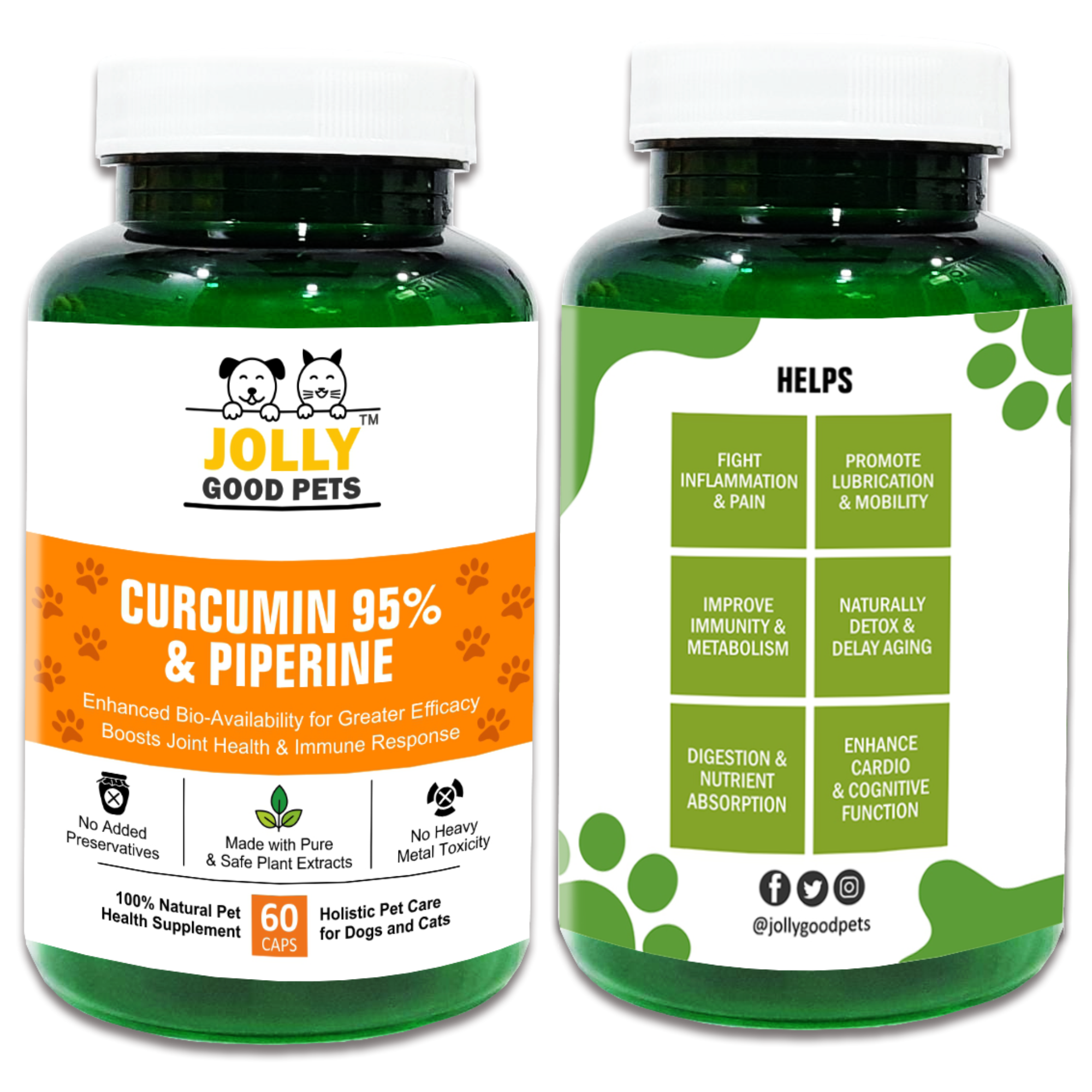 Curcumin with Piperine (Black Pepper) Joint Support Supplement for Dogs & Cats I 60 Capsules