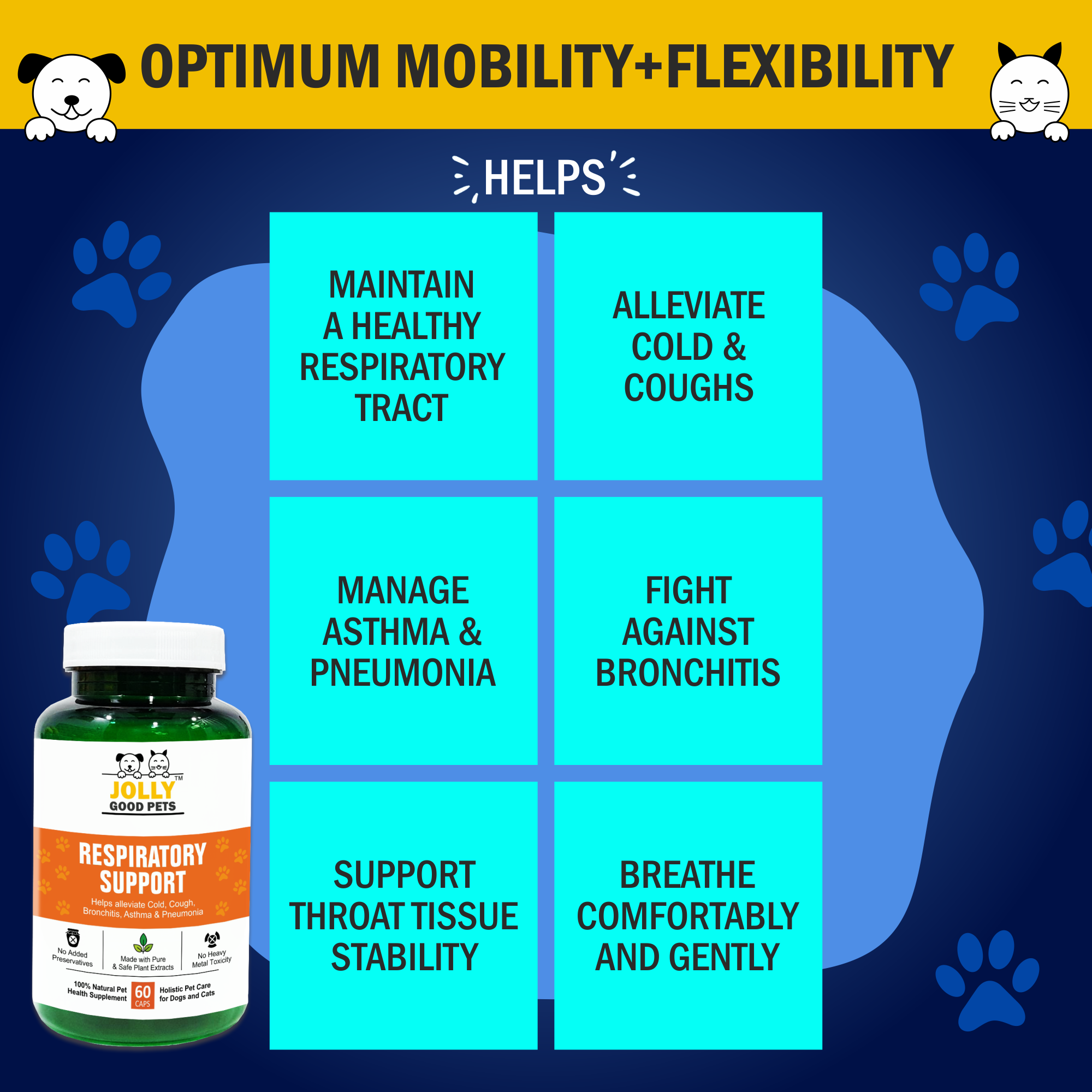 Jolly Good Pets Respiratory Support Supplement for Dogs & Cats I 60 Capsules