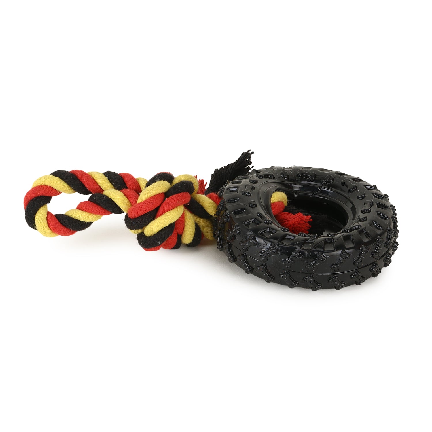 Basil - Rubber Tyre with Rope for Tugging & Hollow Centre for Treat Stuffing