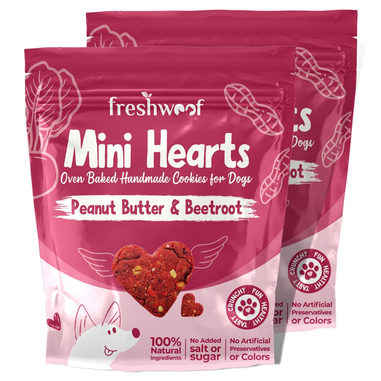 Freshwoof - Mini Hearts Handmade Cookies for Dogs (Peanut Butter & Beetroot | Set of 2)