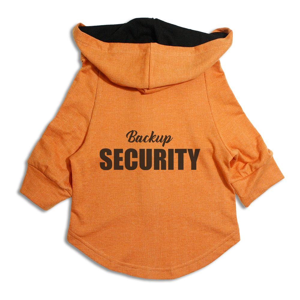 Ruse XX-Small (Chihuahuas, Papillons) / Orange/Black "Backup Security" Dog Hoodie Jacket
